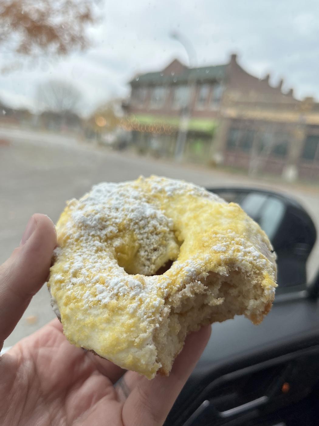 A gooey butter cake donut from World's Fair Donuts, dusted with powdered sugar, held in one hand