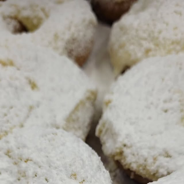 A close view of powdered sugar donuts at World's Fair Donuts